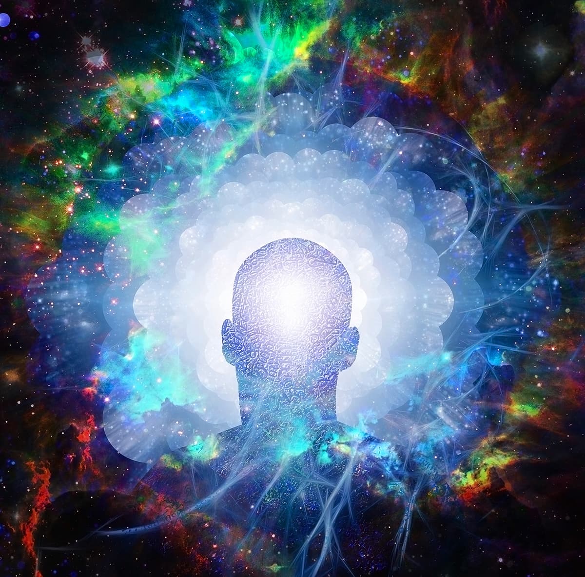 A person's head with a glowing light in the center pattern detail