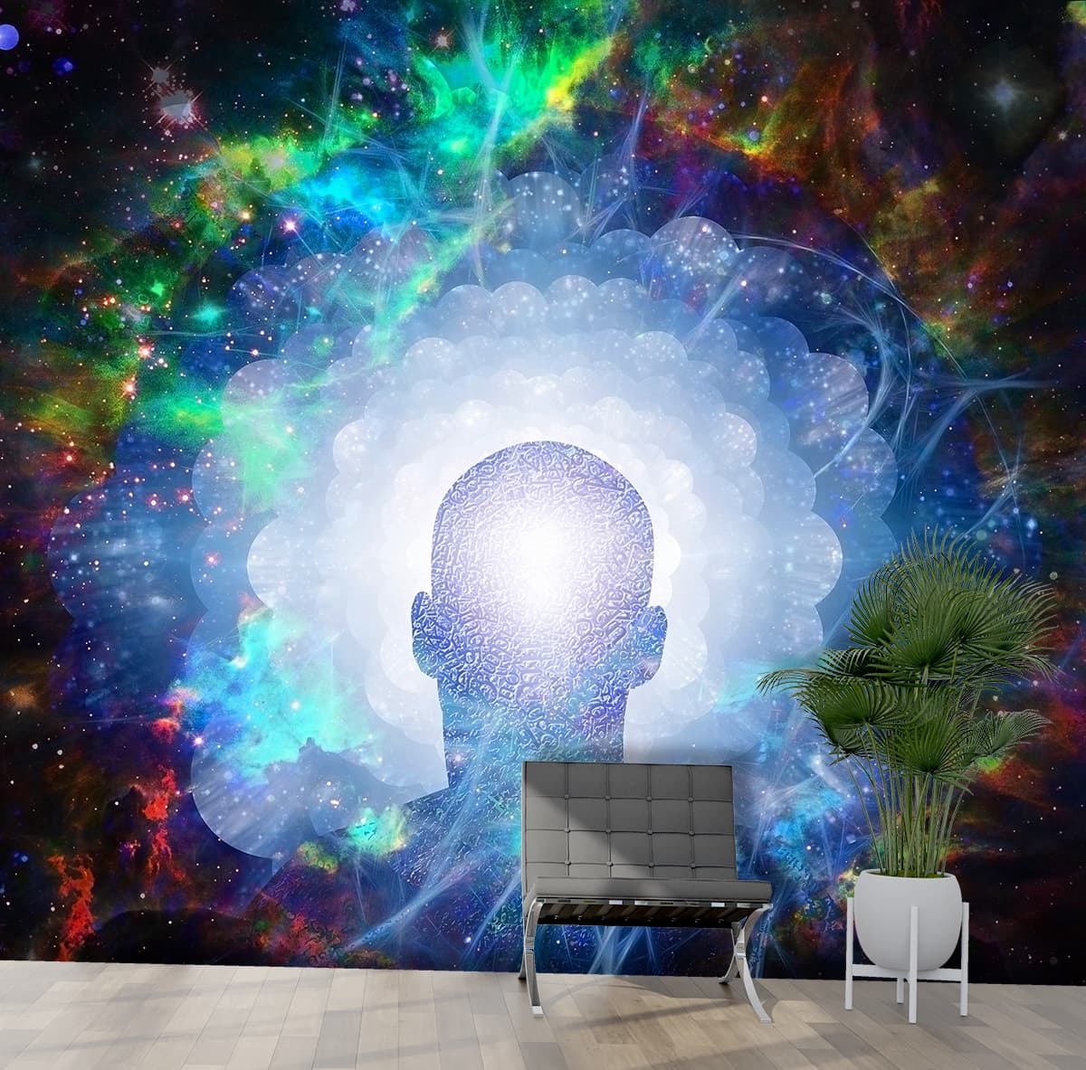 A person's head with a glowing light in the center shown in a room