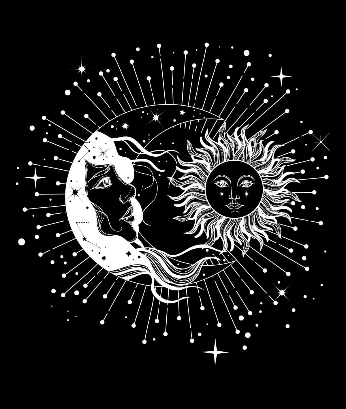 Black Wallpaper of Sun and Moon with Stars pattern detail