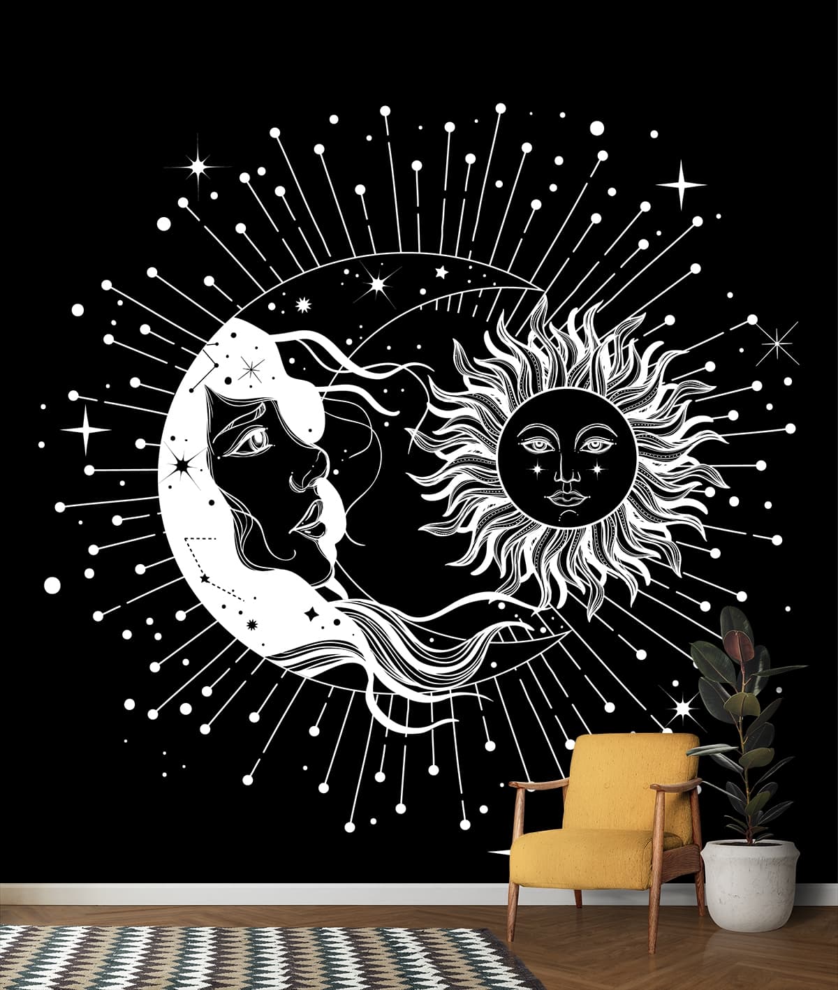Black Wallpaper of Sun and Moon with Stars shown in a room