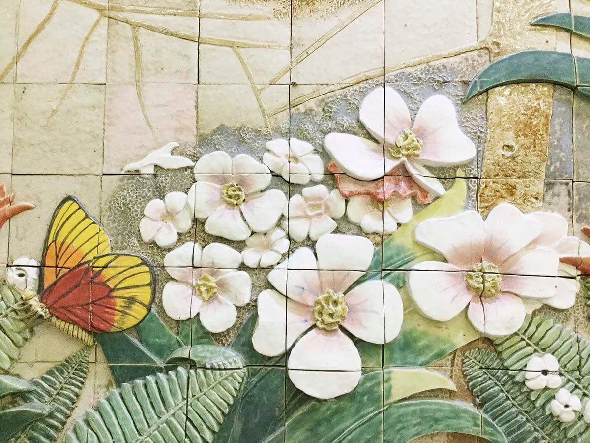 Tile Wall with Butterflies and Flowers Decorative Wallpaper pattern detail