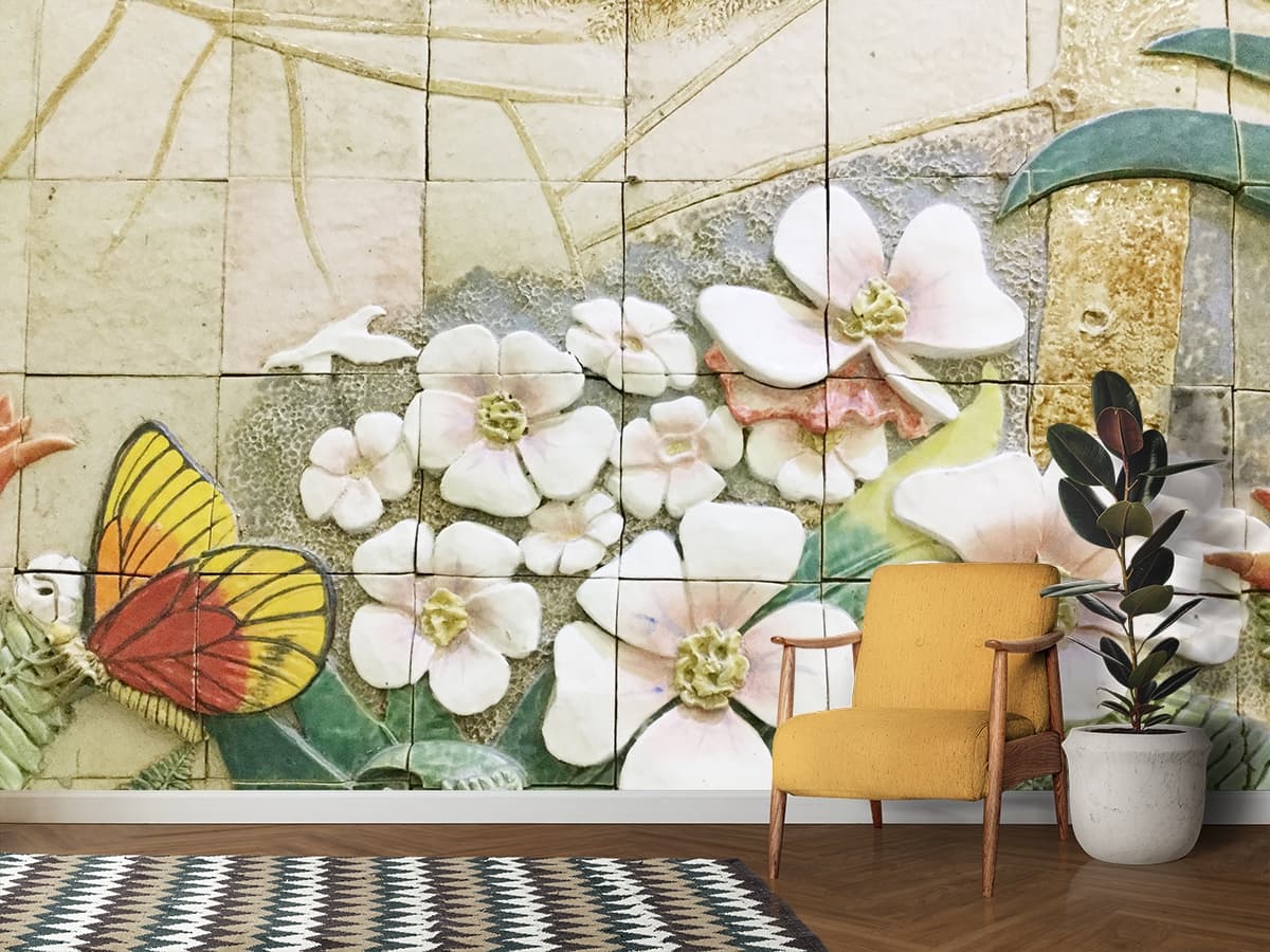 Tile Wall with Butterflies and Flowers Decorative Wallpaper shown in a room