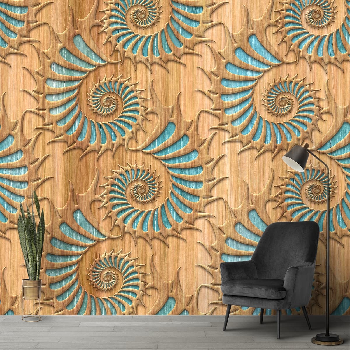Stylish Blue Swirl Wooden Panel Wall Wallpaper shown in a room