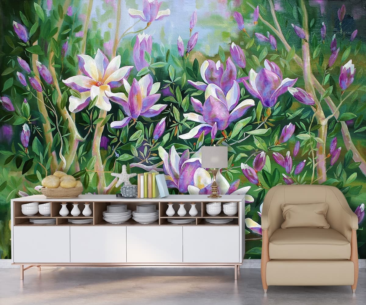 Magnolia Solange Serenity Floral Wallpaper shown in a room