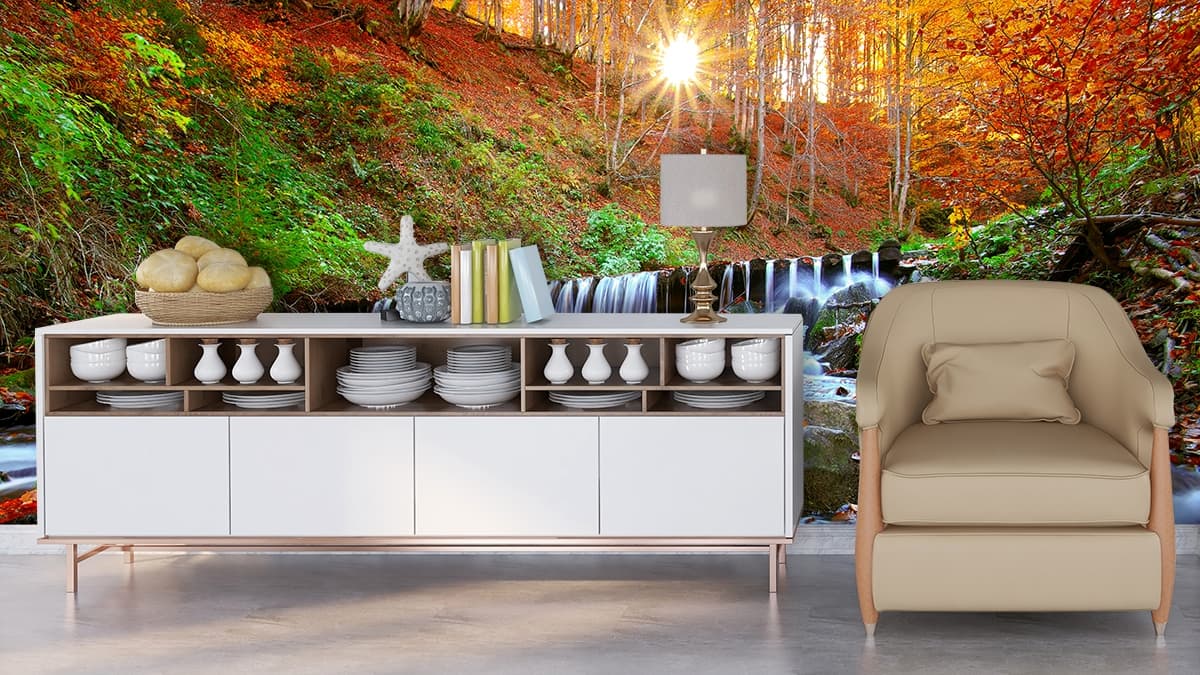 Waterfall in a Forest Wallpaper for Walls shown in a room