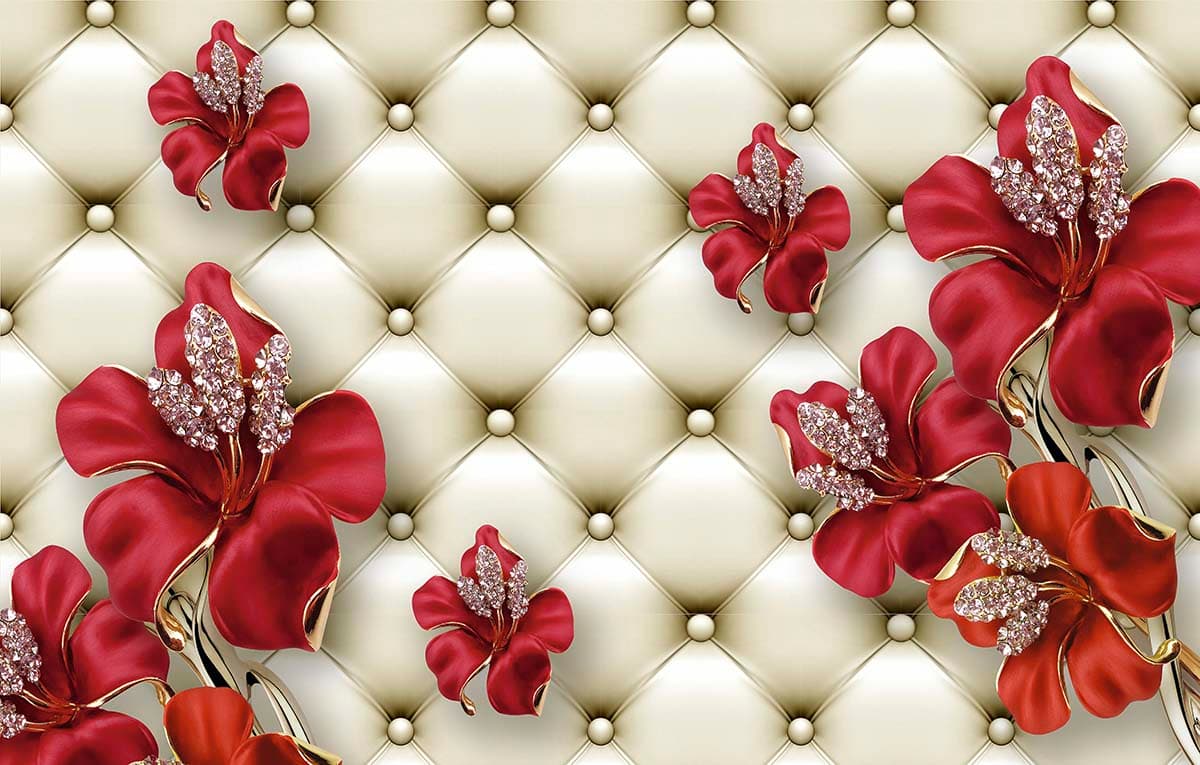 A wallpaper with red flowers and diamonds pattern detail