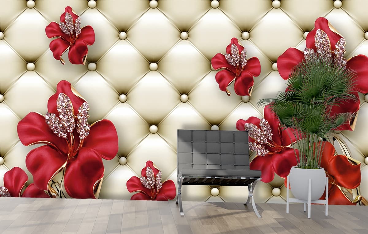 A wallpaper with red flowers and diamonds shown in a room