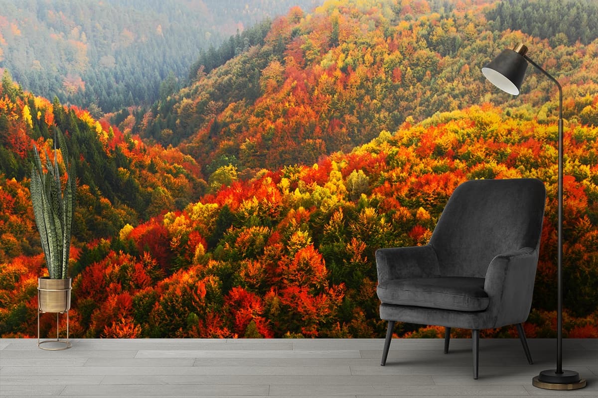 A colorful trees on a hillside shown in a room