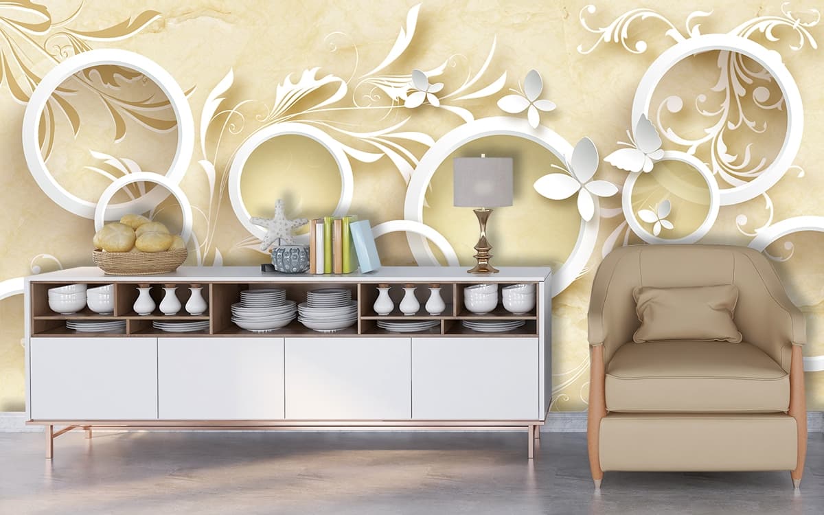 Floral and Circle Pattern Beige Aesthetic Wallpaper shown in a room