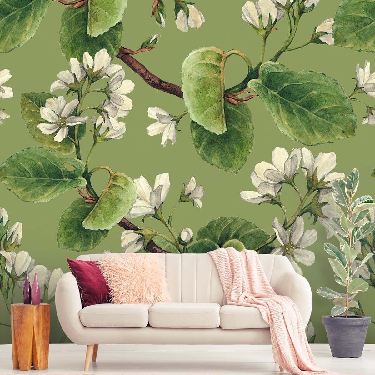 Blossomry, Detailed Watercolor Bloom Pattern Wallpaper shown in a room