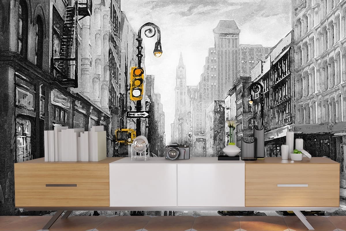 Aesthetic Woman Walking Yellow Taxi Street wallpaper shown in a room