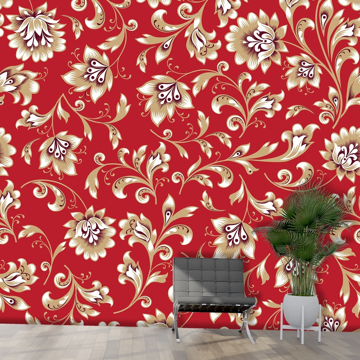 Red and Gold Floral Pattern Wallpaper shown in a room