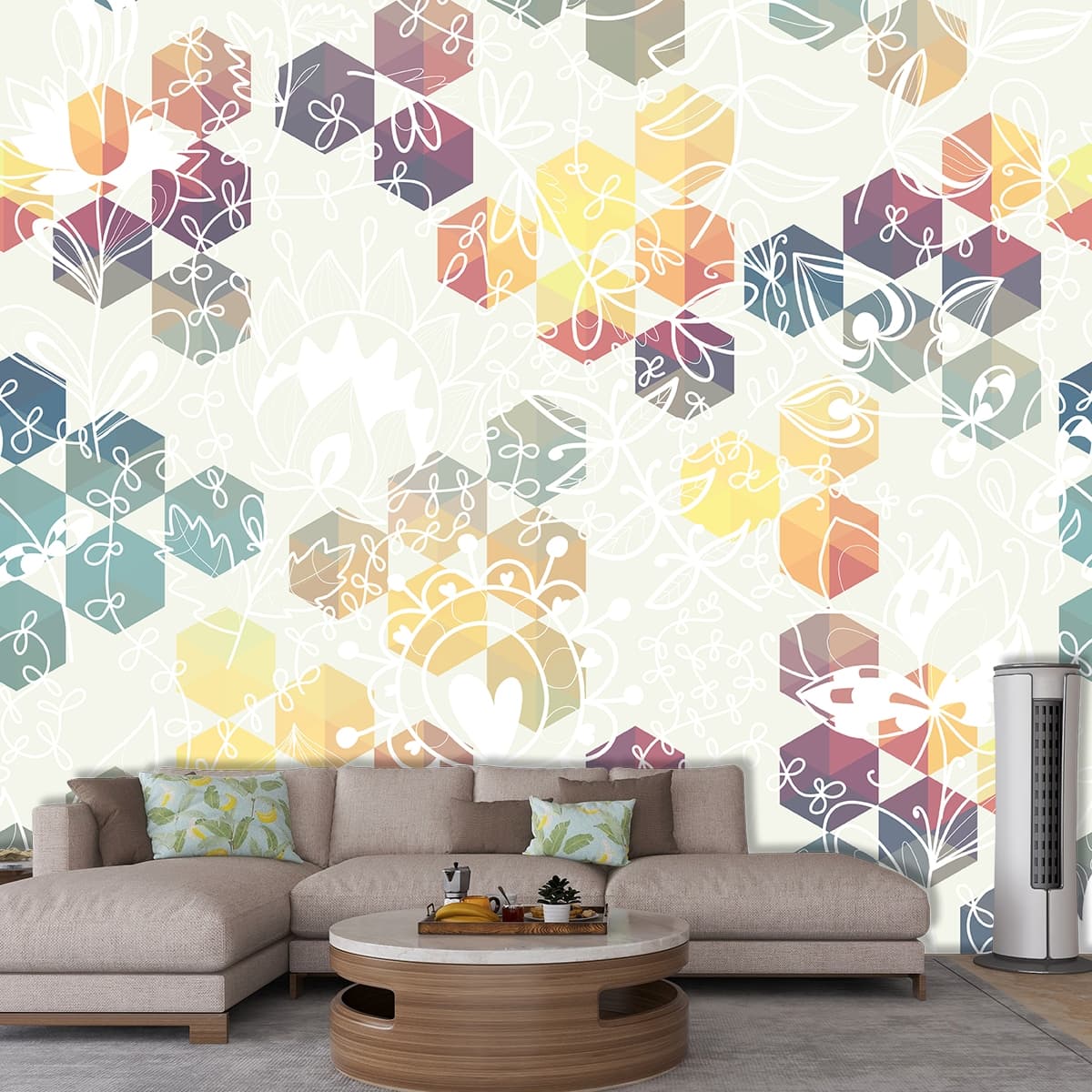 Vibrant Geometric Hexagon Art Wall Design wallpaper shown in a room