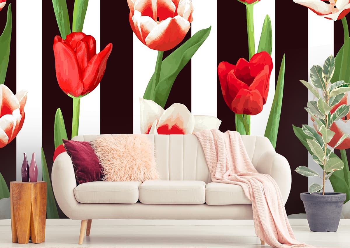 A pattern of red and white flowers shown in a room