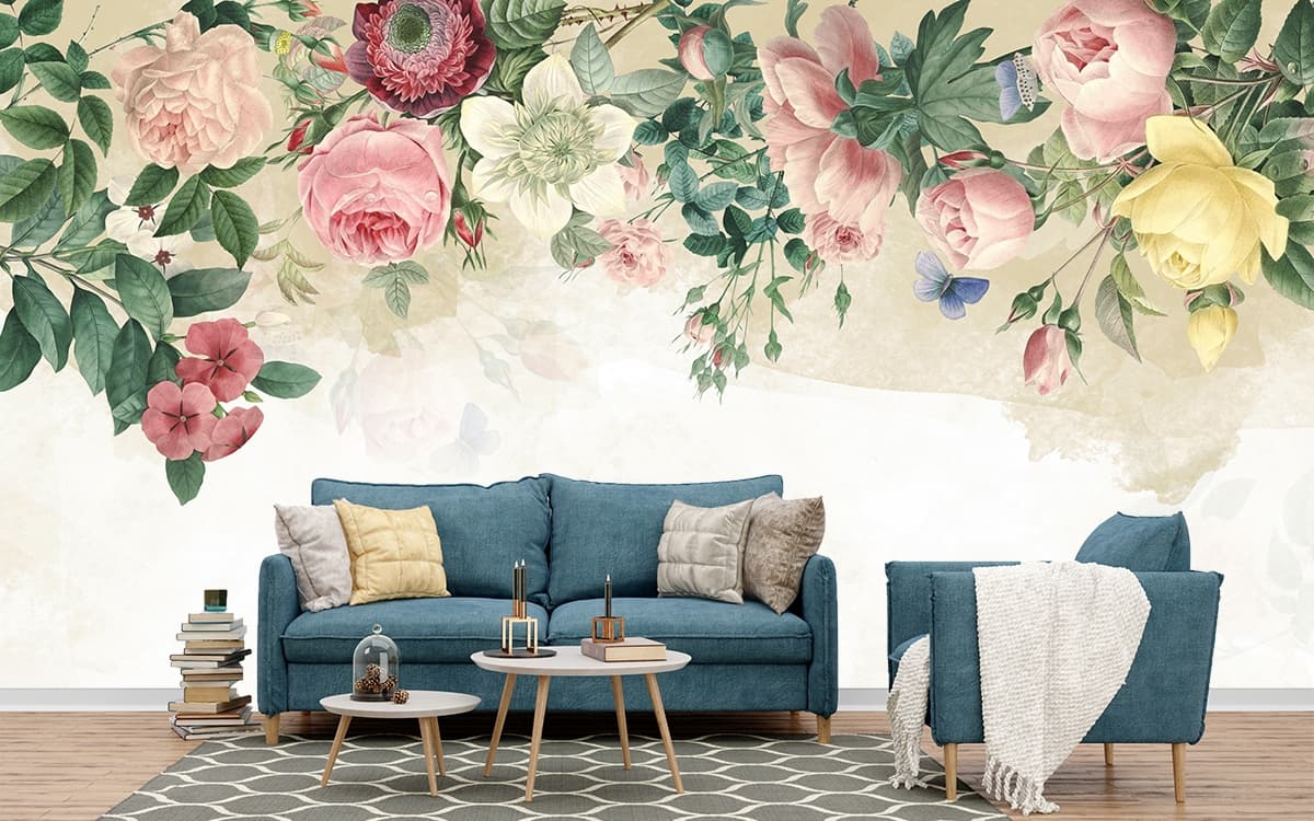 Floral Frame with Butterflies and Flowers wallpaper shown in a room