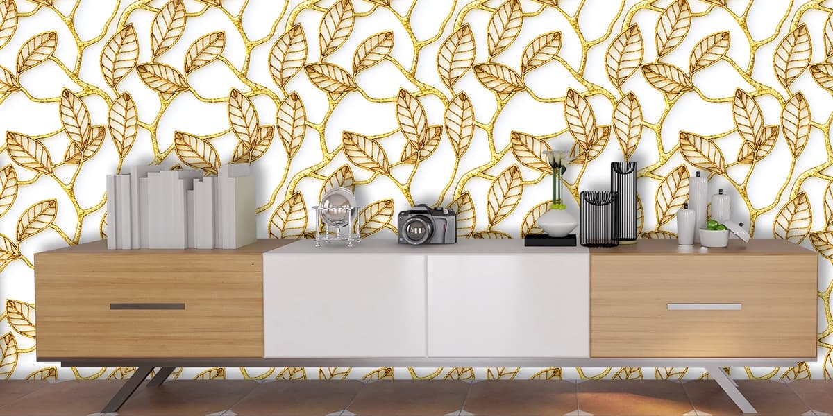 Gold Leaf Pattern Luxury Botanical Wall Mural Wallpaper shown in a room