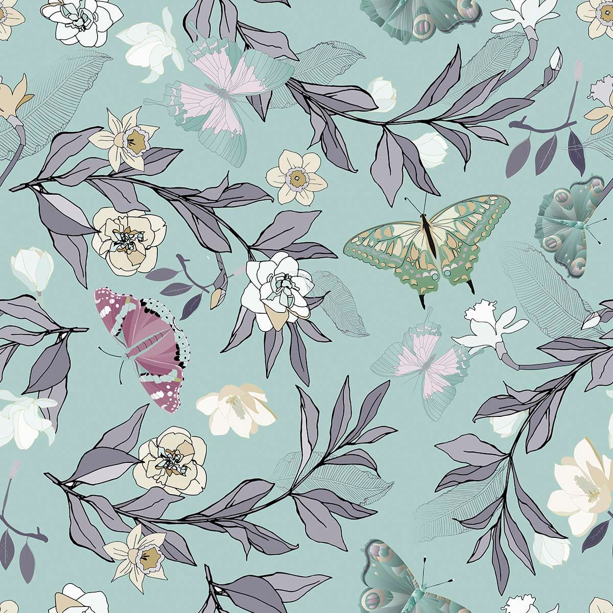A Wallpaper Pattern of Flowers Leaves and Butterflies for Wall pattern detail