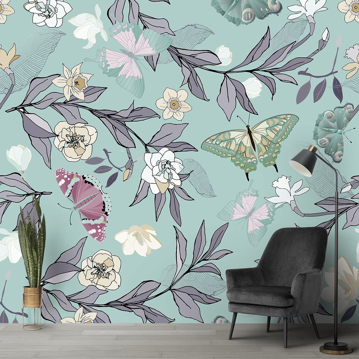 A Wallpaper Pattern of Flowers Leaves and Butterflies for Wall shown in a room