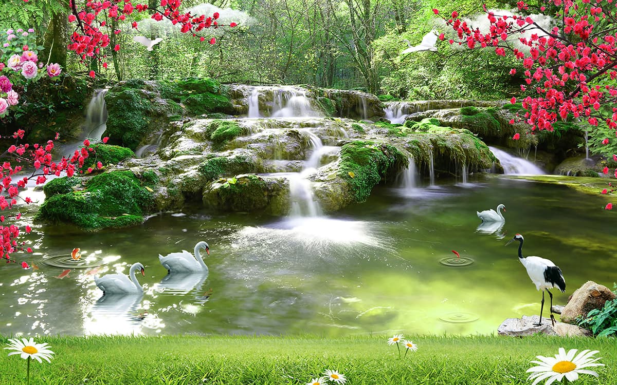 Elegant swans swimming near waterfall scene wallpaper pattern detail