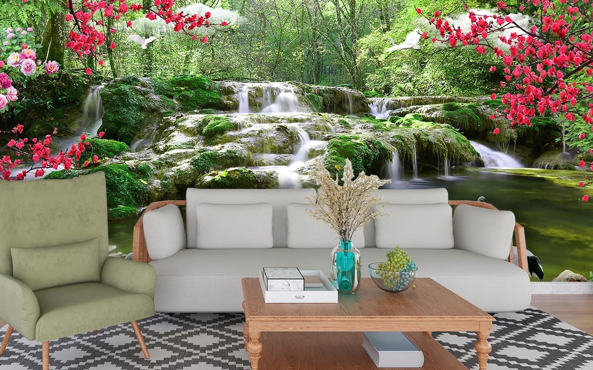 Elegant swans swimming near waterfall scene wallpaper shown in a room