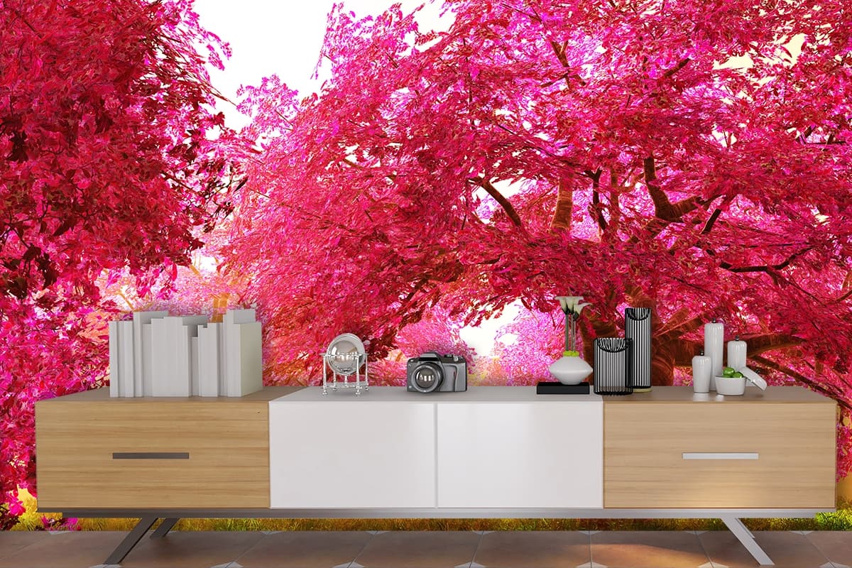 Aesthetic Pink Trees Landscape Design wallpaper shown in a room