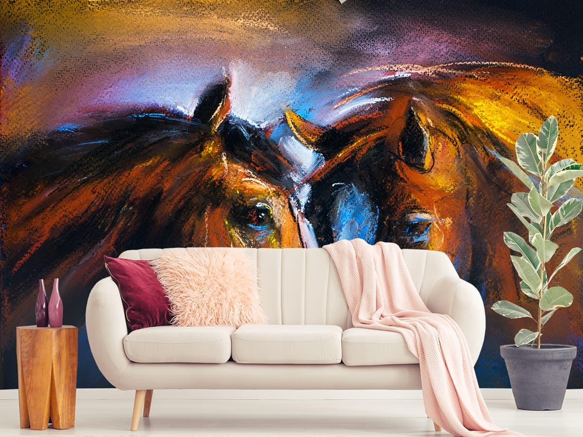 Two Horses Artistic Illustration Wallpaper shown in a room
