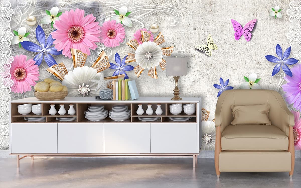 Floral Butterfly Garden Wallpaper shown in a room