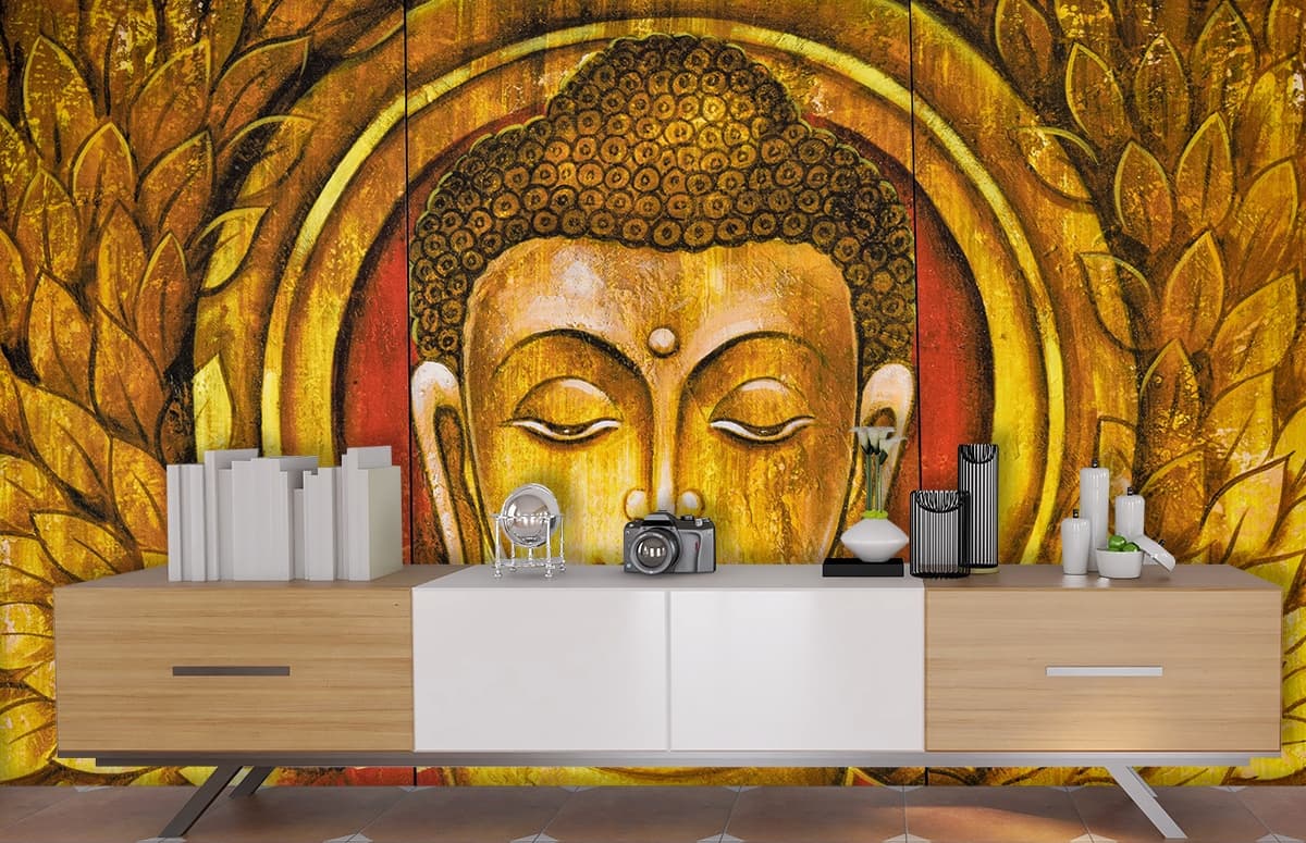 Buddha Painting Spiritual Zen Wall Mural Wallpaper shown in a room
