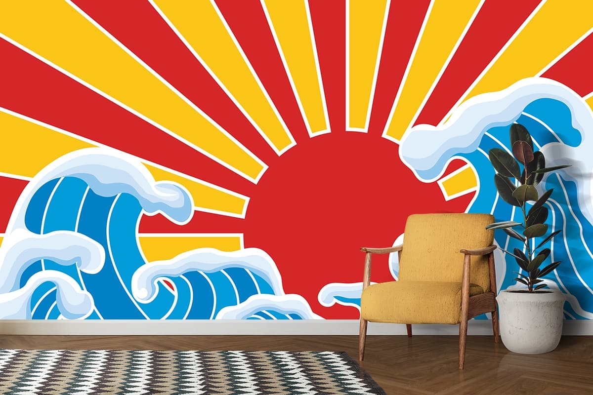 Sun and Waves with Snow Artistic Nature Wall Mural Wallpaper shown in a room