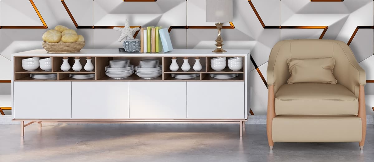 A Wallpaper of White and Gold Shades of Hexagons shown in a room