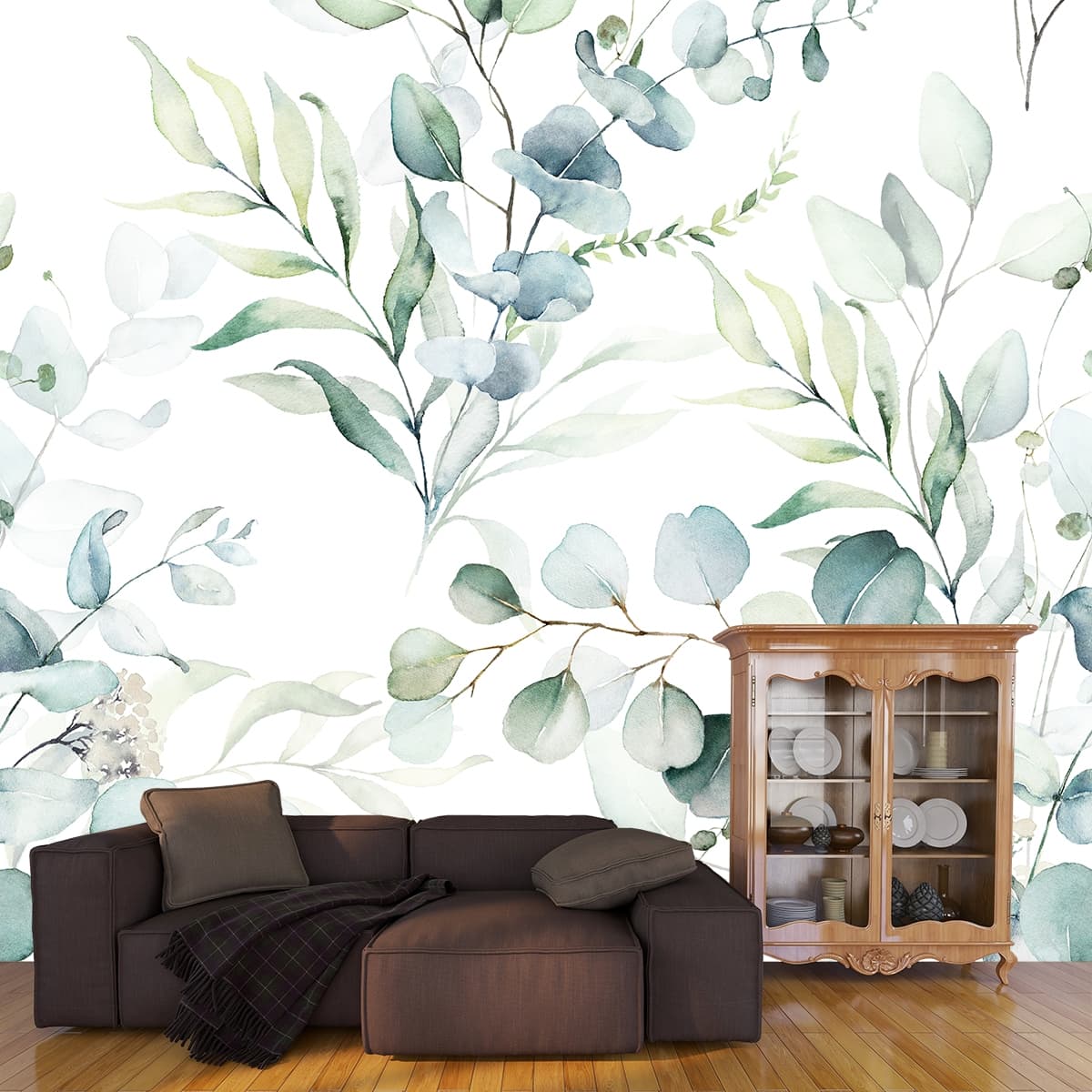 Elegant Floral and Leaf Design Decorative Wallpaper shown in a room