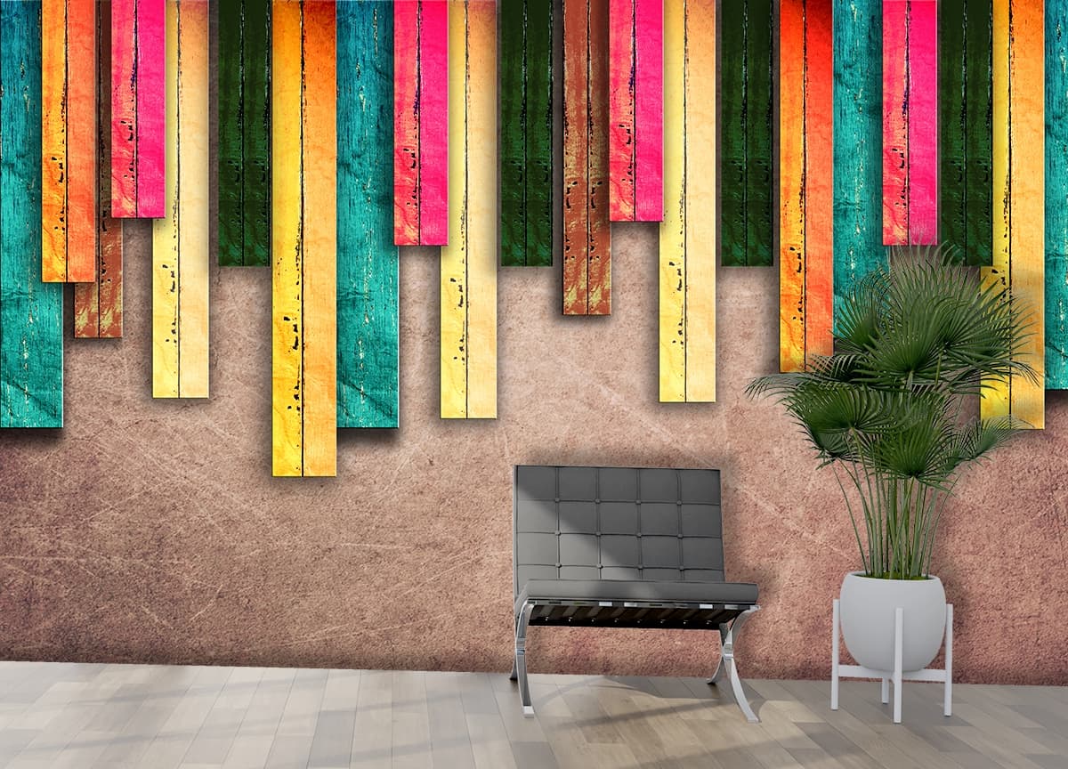 A group of colorful wooden planks shown in a room