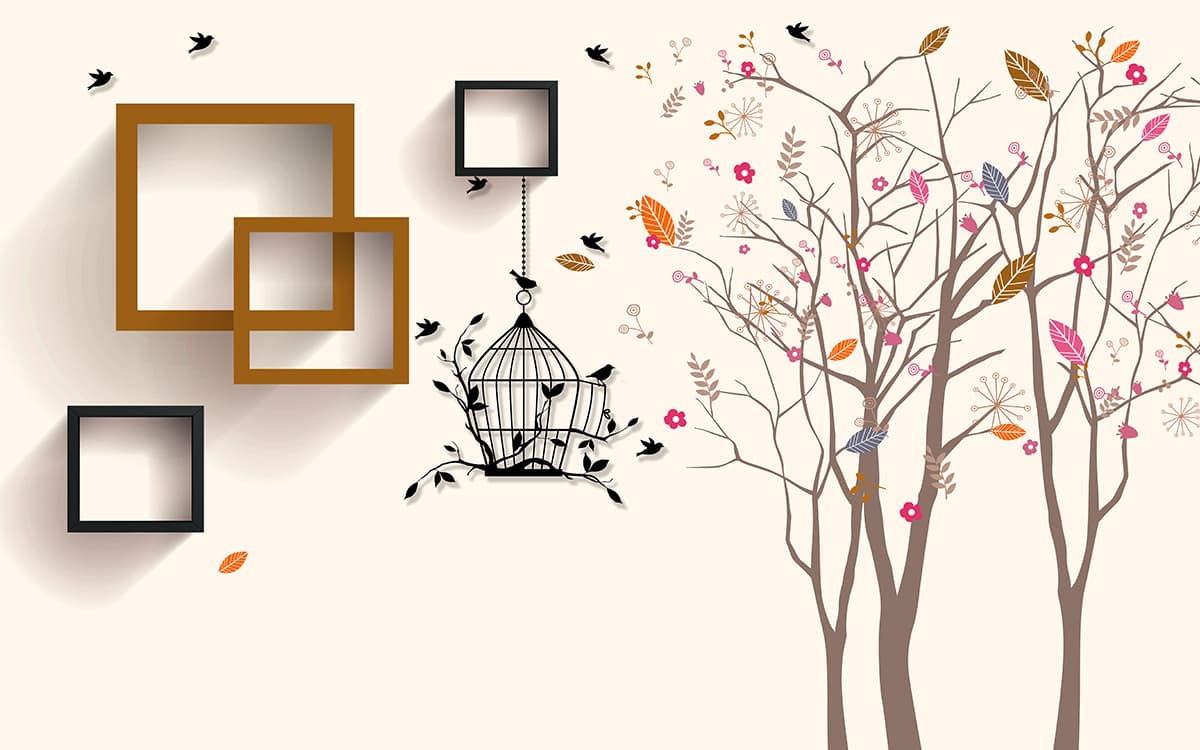 Tree with Birds and Hanging Birdcage Artistic Wall Mural Wallpaper pattern detail