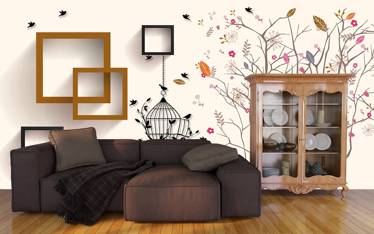 Tree with Birds and Hanging Birdcage Artistic Wall Mural Wallpaper shown in a room