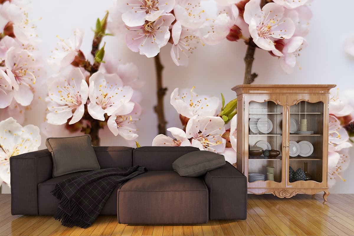Pink Flowers on Branch Botanical Design wallpaper shown in a room