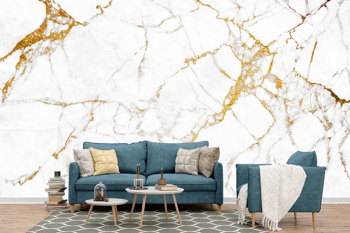 Modern White Marble Gold Vein Decorative Wallpaper shown in a room
