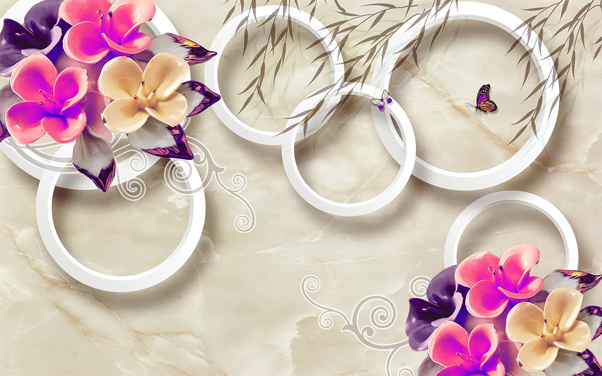 Flowers and Butterflies Pattern Elegant Wall Mural Wallpaper pattern detail