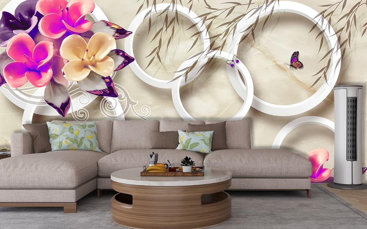 Flowers and Butterflies Pattern Elegant Wall Mural Wallpaper shown in a room