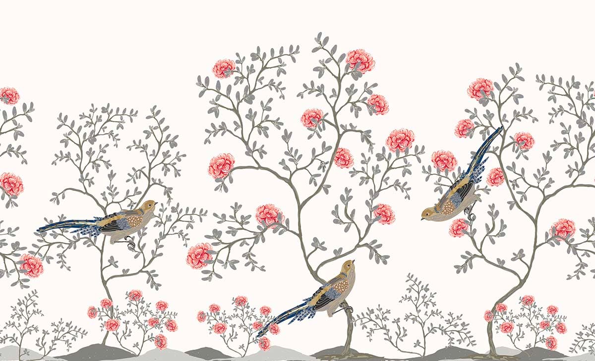 Birds and Flowers Pattern Nature Wall Mural Wallpaper pattern detail