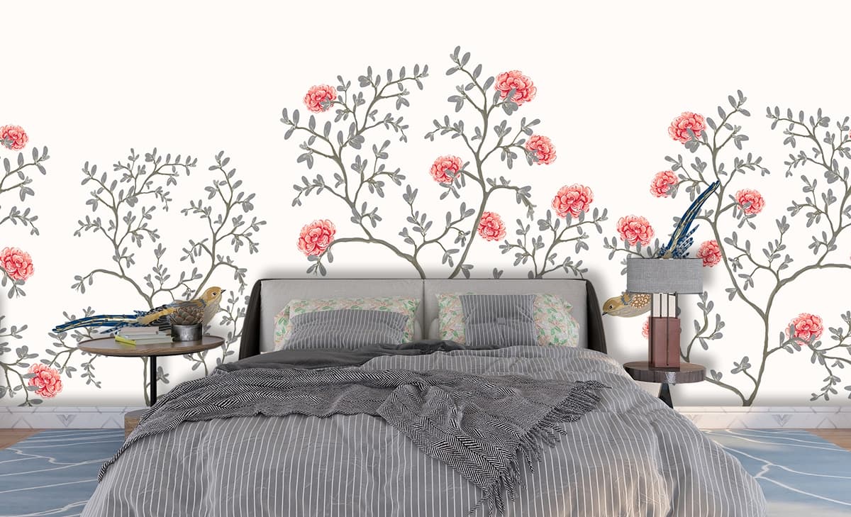 Birds and Flowers Pattern Nature Wall Mural Wallpaper shown in a room