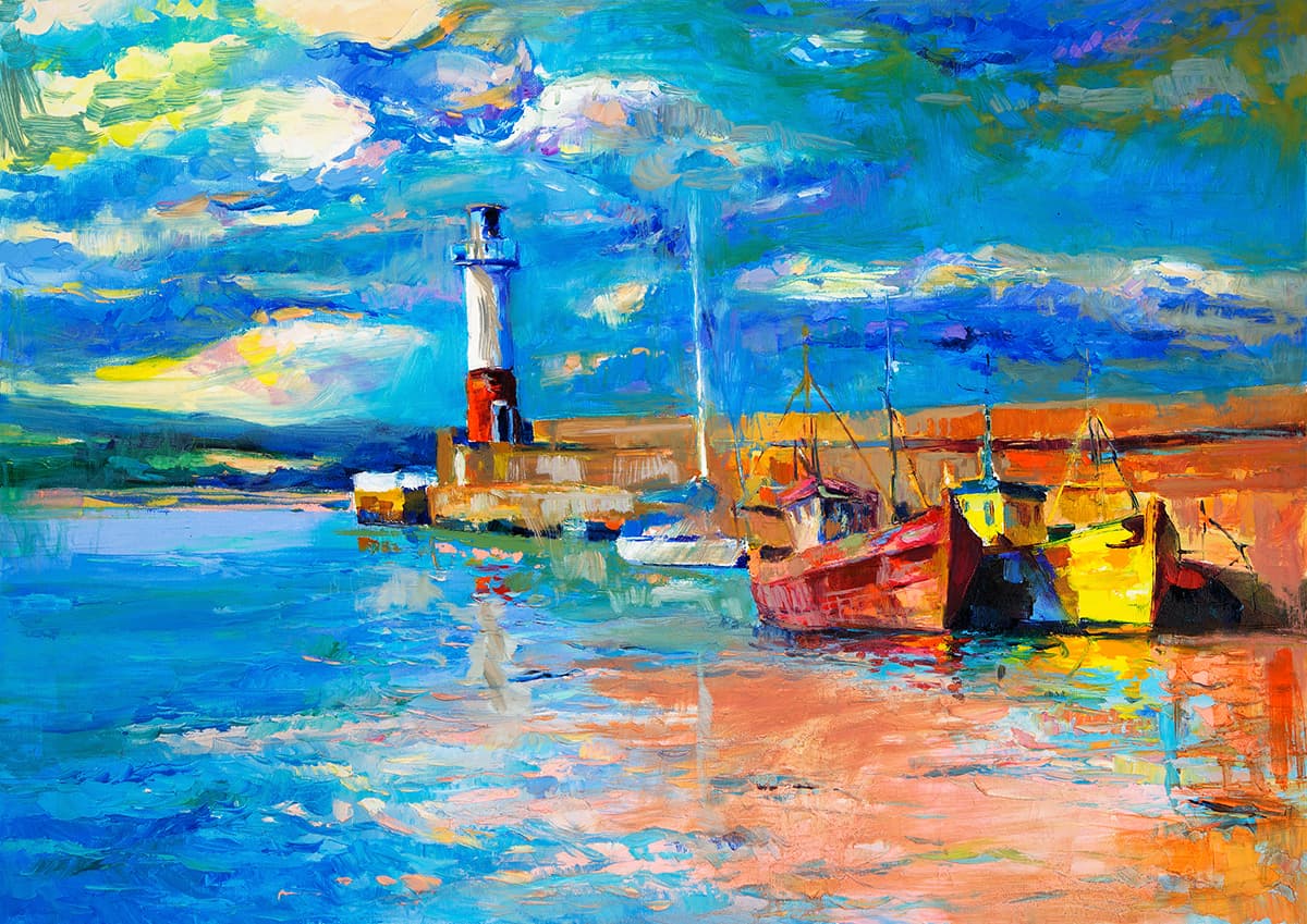 Peaceful Boats in Harbor Scenic Coastal Art Wallpaper pattern detail