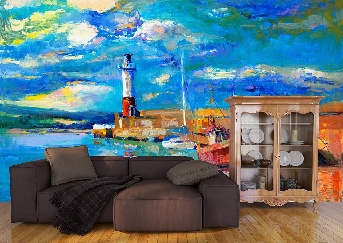 Peaceful Boats in Harbor Scenic Coastal Art Wallpaper shown in a room