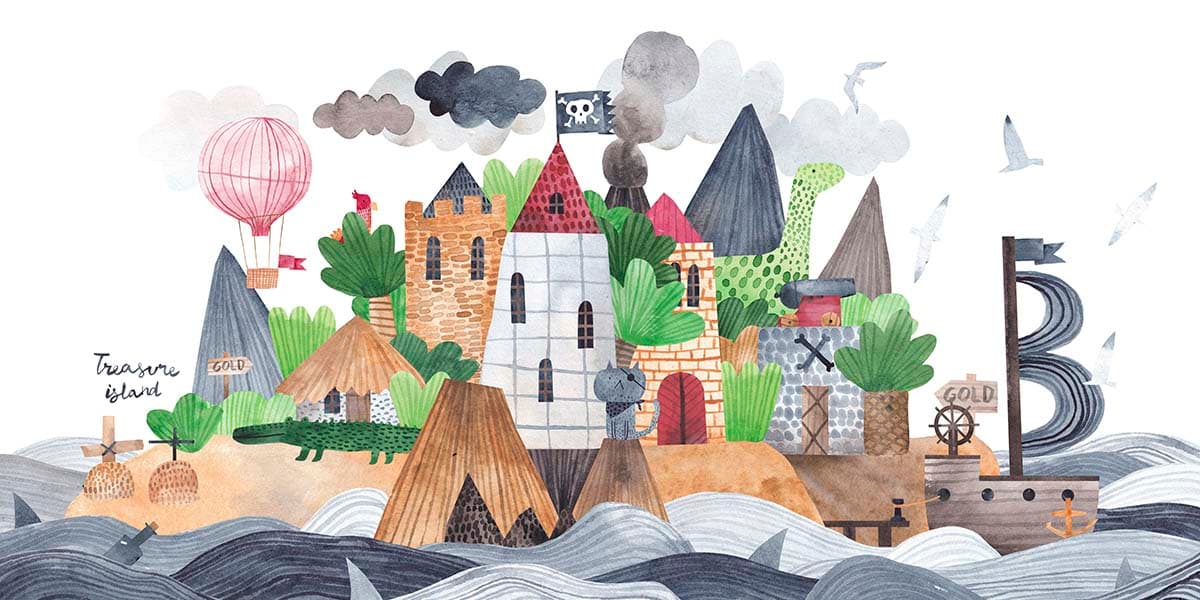 Colorful Watercolor Town Illustration Wallpaper pattern detail