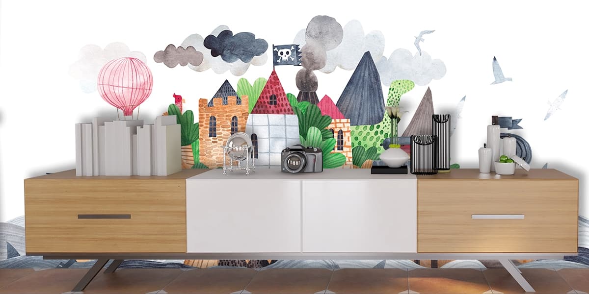 Colorful Watercolor Town Illustration Wallpaper shown in a room
