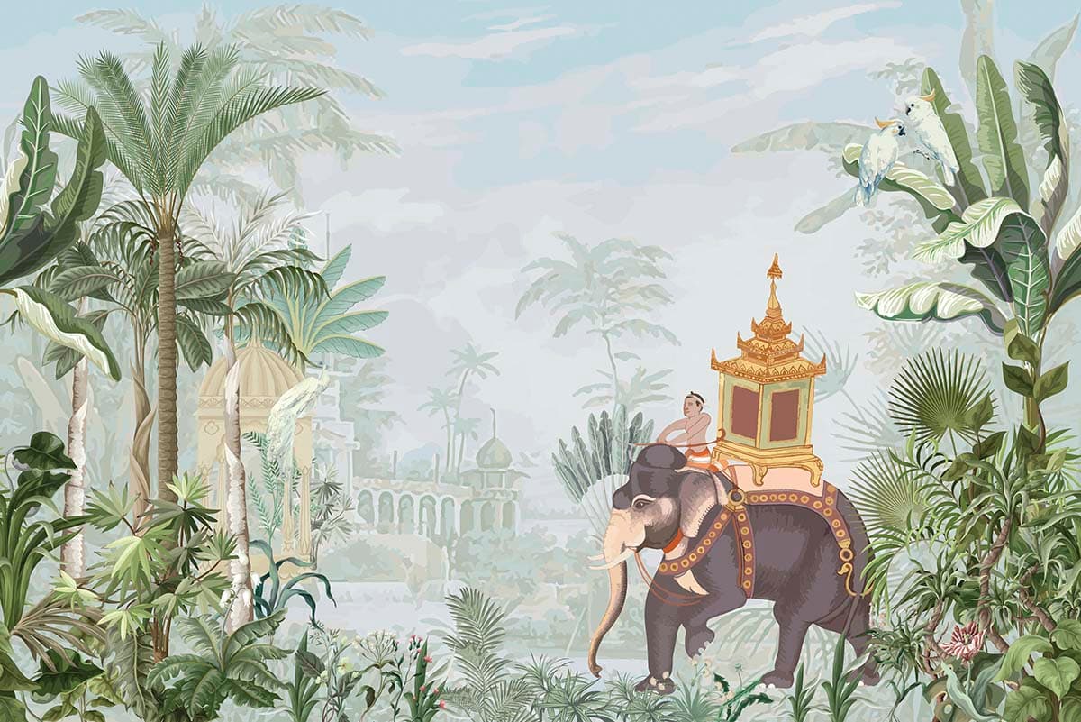 Man Riding an Elephant in Jungle Artistic Wallpaper pattern detail