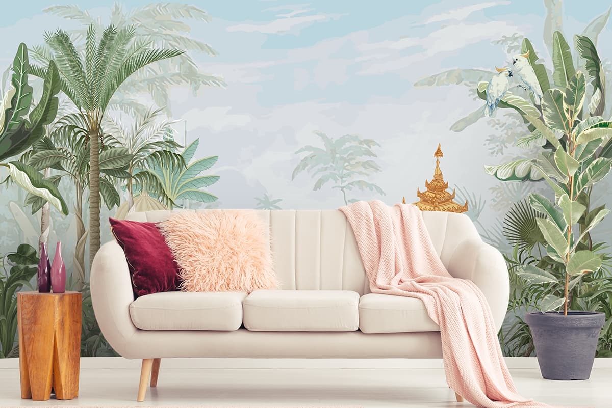 Man Riding an Elephant in Jungle Artistic Wallpaper shown in a room