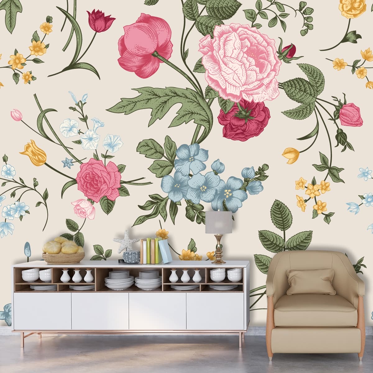 A Roosemore Floral Pattern Wallpaper shown in a room