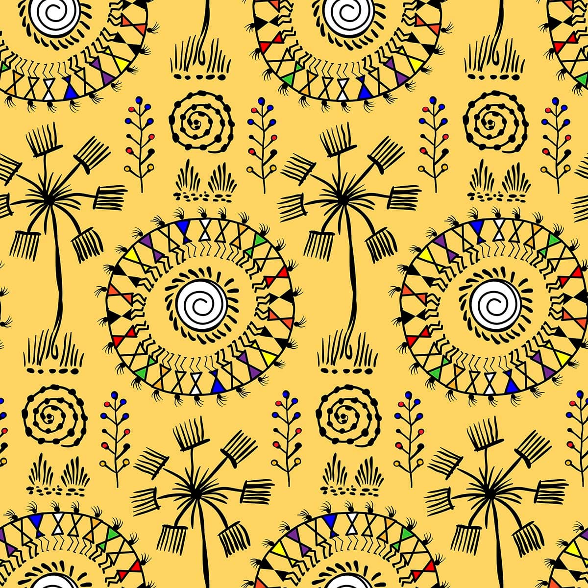 Traditional Black and Yellow Floral Art Wallpaper pattern detail