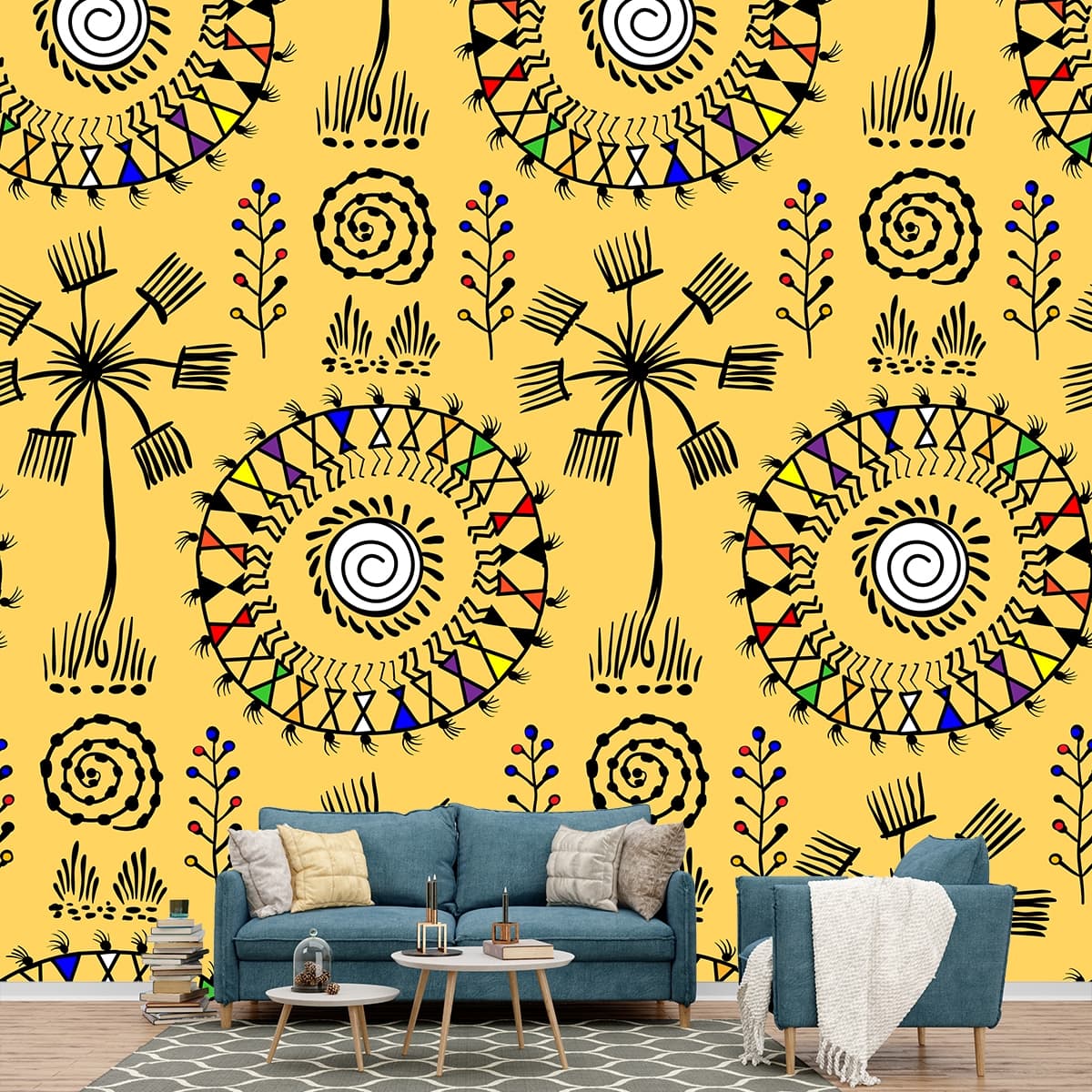 Traditional Black and Yellow Floral Art Wallpaper shown in a room