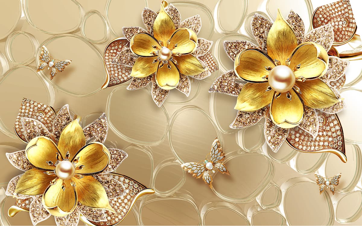 A group of gold flowers with diamonds and pearls pattern detail